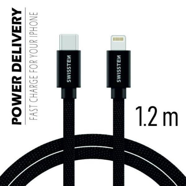 Swissten textil adatkábel USB-C + Lightning konnektorral és gyorstöltés
támogatással 1,2 m, fekete