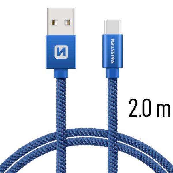 Adatkábel Swissten textil USB-C konnektorral, gyorstöltés támogatással,
kék
