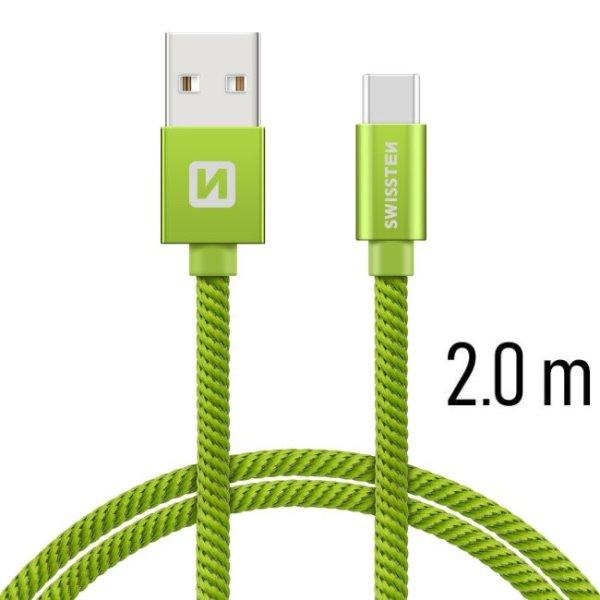 Swissten textil adatkábel USB-C konnektorral, gyorstöltés támogatással,
zöld