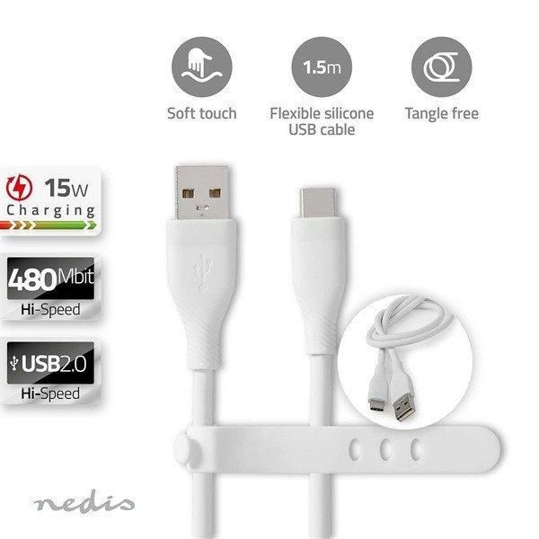 Nedis CCGB60800WT15 flexibilis USB A - USB C (USB-C) kábel, USB2.0, 15W, hossz
1,5m, fehér rugalmas szilikon