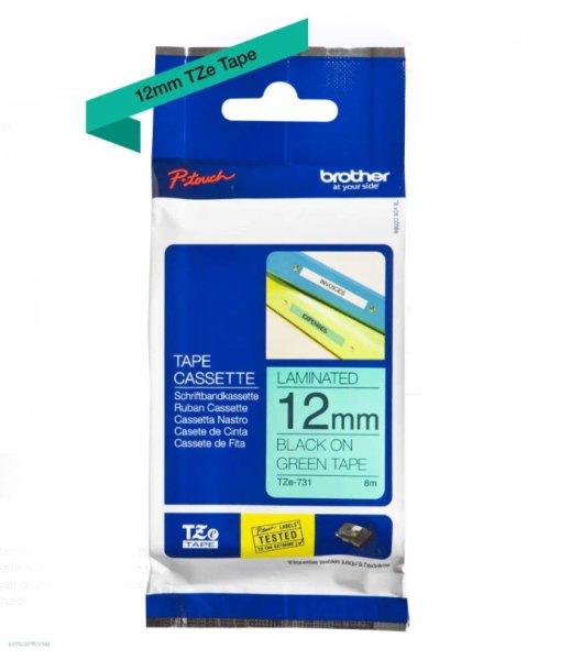 Betűnyomó kazetta 12mm Brother TZe731 zöld-fekete