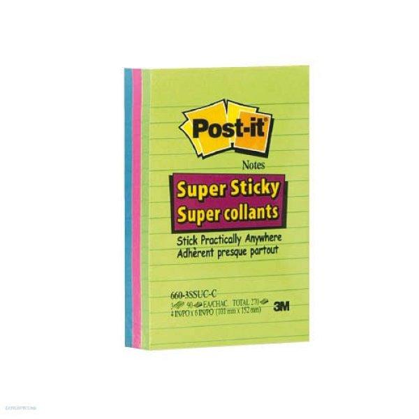 Post-it Super Sticky öntapadós jegyzettömb, szivárványcsomag 102×152 mm,
660-3SSUC, 90 lap/3 tömb, vonalazott, ultra színek