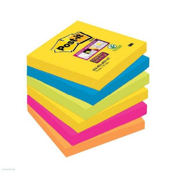 Post-it Super Sticky öntapadós jegyzettömb, szivárványcsomag 76×76 mm,
654-6SS RIO 90 lap, 6 tömb