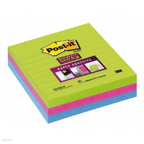 Post-it Super Sticky öntapadós jegyzettömb, szivárványcsomag 100 × 100 mm,
675-3SSMX-EU, 70 lap/3 tömb, vonalazott, ultra színek