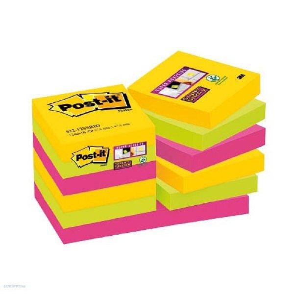 Post-it Super Sticky öntapadós jegyzettömb, szivárványcsomag 48×48 mm,
622-12SS-RIO, 90 lap, 12 tömb, Rio