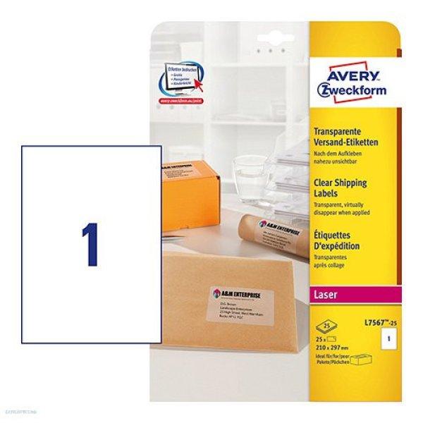 Etikett címke címzés L7567-25 QuickPEEL átlátszó poliészter A4
borítékra, 210 x 297 mm