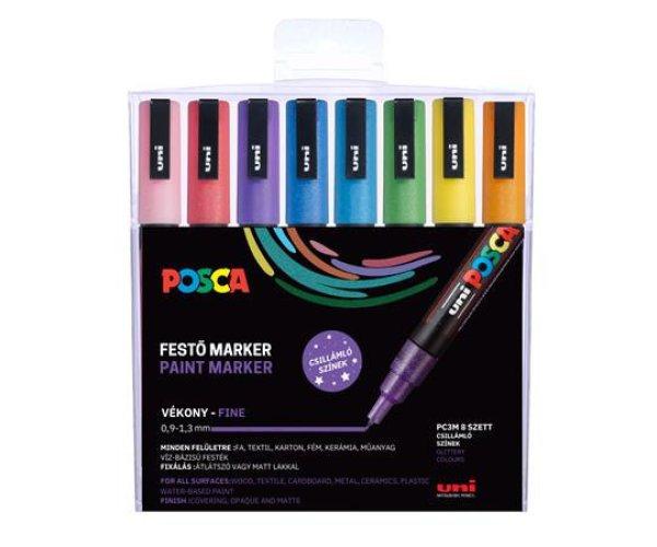 Dekormarker készlet, 0,9-1,3 mm, UNI "Posca PC-3ML", 8 különböző
csillogó szín