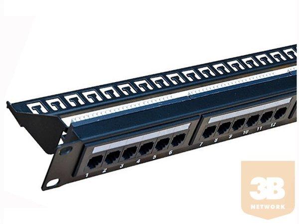 UTP Cat5e patch panel, 24 portos, levehető tehetmentesítővel