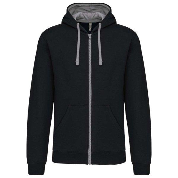 Férfi cipzáras pulóver kontrasztos bélésű kapucnival, Kariban KA466,
Black/Fine Grey-M