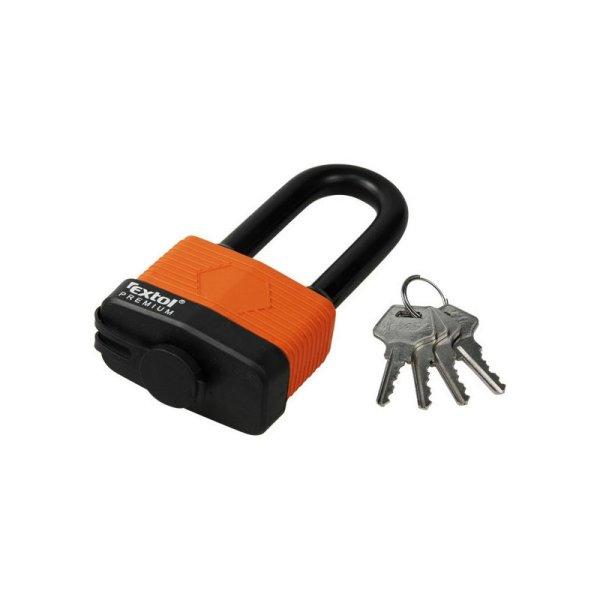 EXTOL PREMIUM lakat, laminált, vízálló, hosszított kengyel, 4db kulcs;
40mm, kengyelszárátmérő:8/12mm