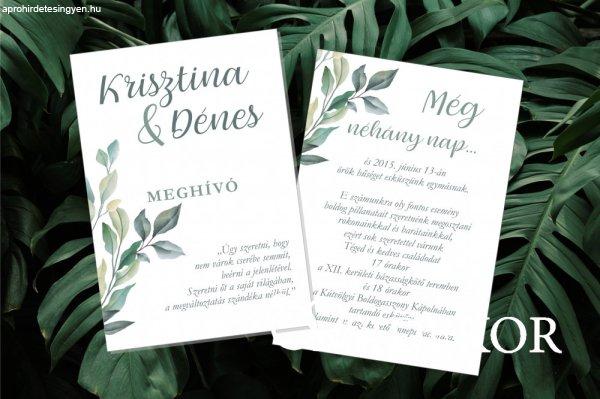 Modern greenery+levendula mintával esküvői meghívó 
