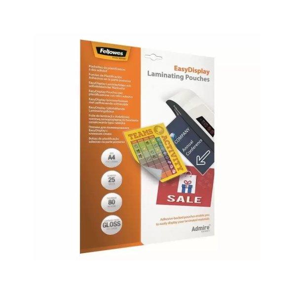 Lamináló fólia, A4, 80 mikron, fényes, öntapadó hátlappal, 25 db/csomag,
Fellowes®