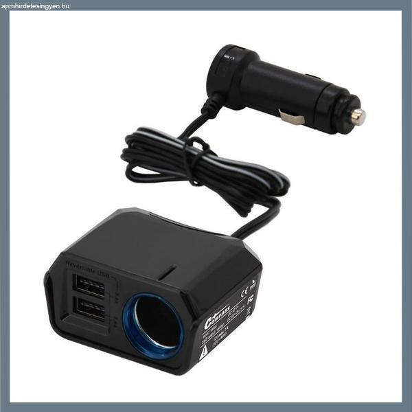 Autós töltőadapter  1 m kábellel – 2× USB DUAL-SIDE + 12V kimenet, 2400
mA 07432