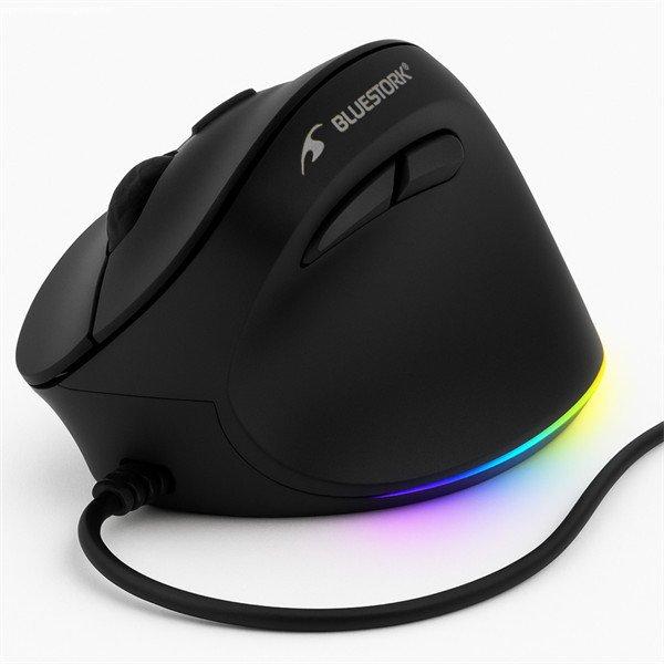 Bluestork Egér - M-W-ERGO-LUMI (Ergonomic, 3600 DPI, 6 gomb, optikai, RGB,
fekete)