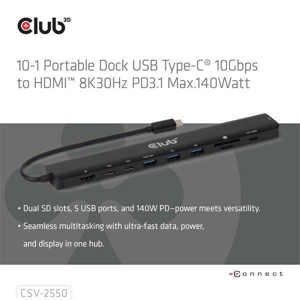 Club 3D USB Hub - CSV-2550 (USB-C to 3xUSB-C, 3xUSB-A, RJ45, SD/MicroSD, 140W
PD, HDMI, 8K30hz)