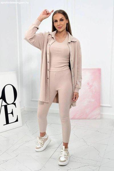3 részes pulóver + felső + leggings szett 9452 bézs