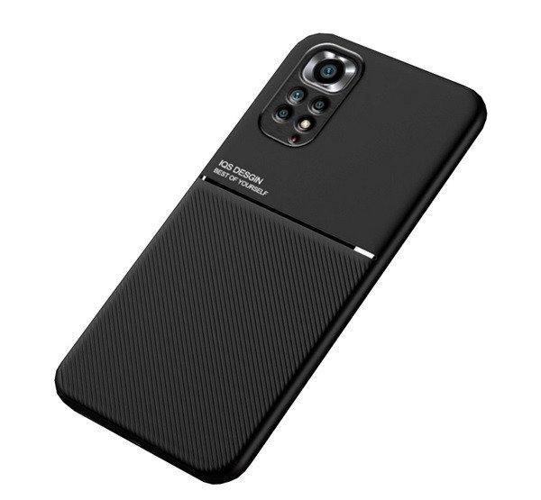 Műanyag telefonvédő (szilikon keret, közepesen ütésálló, beépített
fémlemez, bőr hatású hátlap, csíkos minta) FEKETE Xiaomi Redmi Note 11
(Redmi Note 11S)