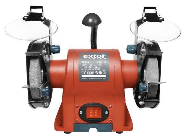 EXTOL PRMIUM kettős köszörűgép 350W, száraz, 150×12,7×20mm, (P36, P80),
2950 ford/perc, 9kg, lámpával