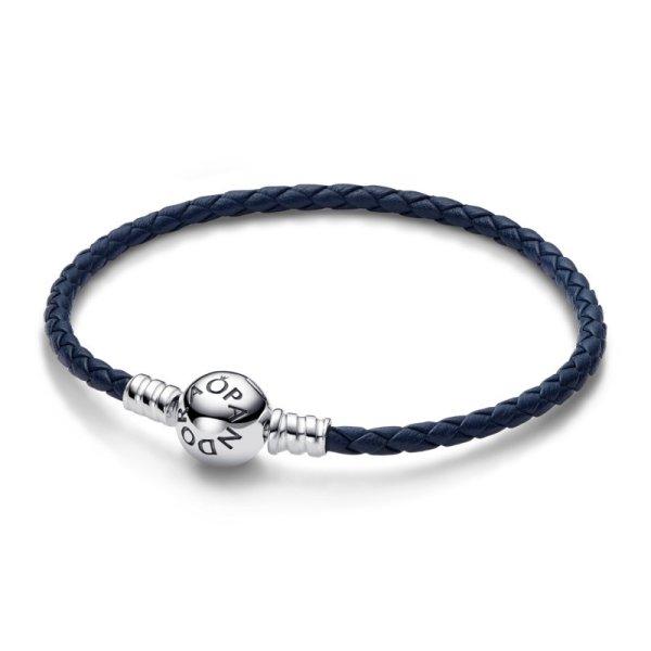 Pandora Sötétkék bőr karkötő férfiaknak Moments 592790C01 17,5 cm