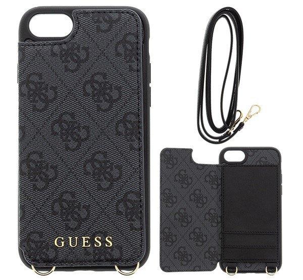 CG MOBILE GUESS 4G Crossbody műanyag telefonvédő (kihajtható textil hátlap,
bankkártya tartó + nyakpánt) SZÜRKE Apple iPhone 7 4.7, Apple iPhone 8 4.7,
Apple iPhone SE 2 (2020), Apple iPhone 