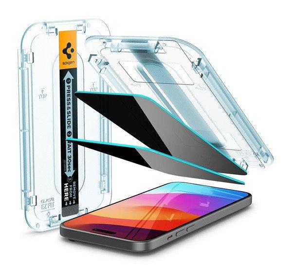 SPIGEN EZ FIT képernyővédő üveg 2db (2.5D, tokbarát, ultravékony, 0.2mm,
9H + segédkeret) ÁTLÁTSZÓ Apple iPhone 15