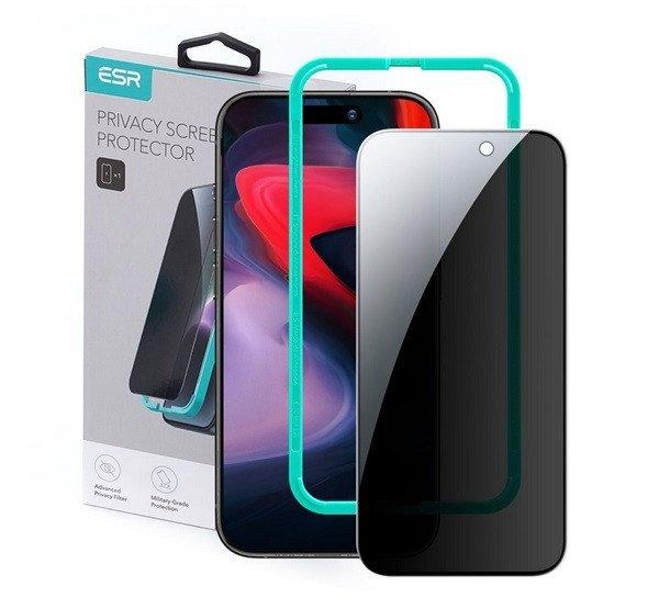 ESR képernyővédő üveg (2.5D, 0.3mm, 9H, betekintés elleni védelem +
felhelyezést segítő keret) FEKETE Apple iPhone 15 Pro Max