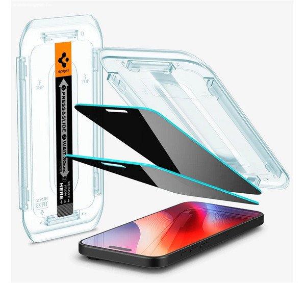 SPIGEN EZ FIT képernyővédő üveg 2db (2.5D, betekintés védelem, 0.2mm, 9H
+ segédkeret) ÁTLÁTSZÓ Apple iPhone 16 Pro