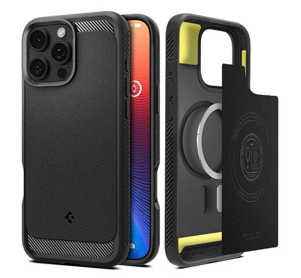 SPIGEN RUGGED ARMOR szilikon telefonvédő (ütésállóság, légpárnás
sarok, karbon minta, MagSafe) FEKETE Apple iPhone 16 Pro Max