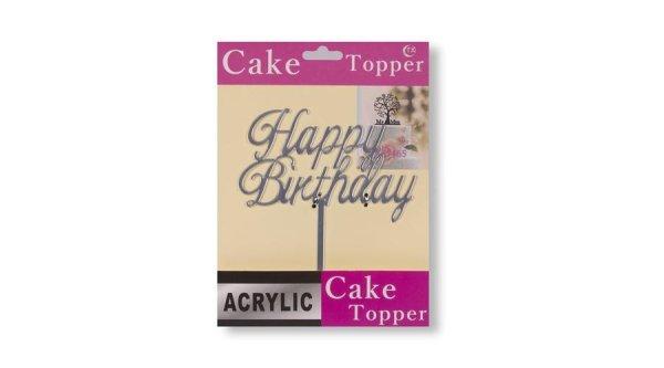 Műanyag ezüst színű Happy Birthday felirat tortadísz beszúró