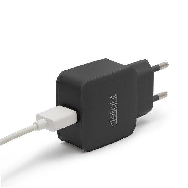 Delight Telefon töltő - 1db USB, 5V/2.1A, Fekete