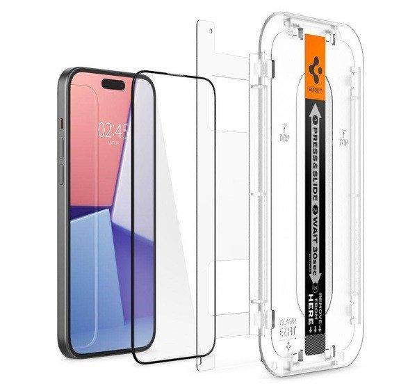 SPIGEN EZ FIT HD képernyővédő üveg (2.5D, tokbarát, ultravékony, 0.2mm,
9H + segédkeret) FEKETE Apple iPhone 15