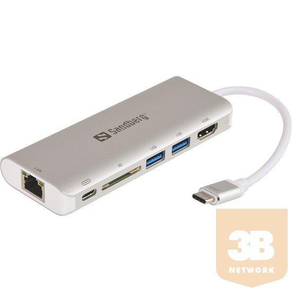 Sandberg Kábel Átalakító - USB-C Dock HDMI+LAN+SD+USB,61W (ezüst; USB-C
bemenet; SDkártya+HDMI+USB3.0+USB-C+RJ45 kimenet