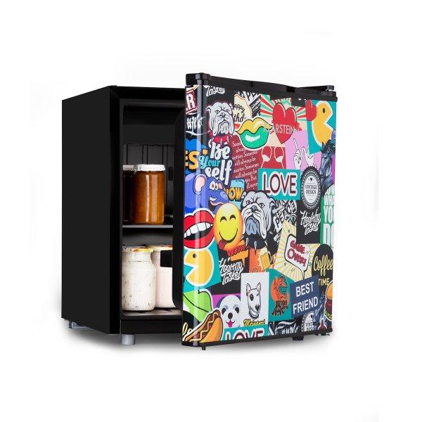Klarstein Cool Vibe 46+, hűtőszekrény, 46 liter, F energiahatékonysági
osztály, VividArt Concept, stickerbomb stílus