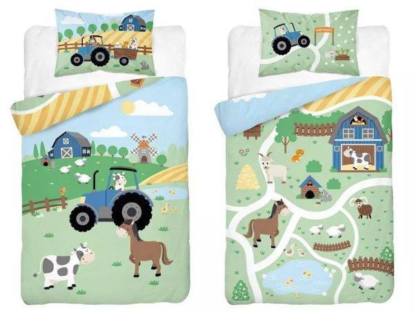 Bambusz ágynemű huzat 90*120 cm - Zöld farm kék traktorral 