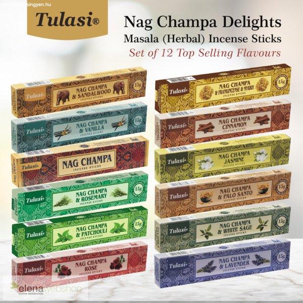 Tulasi Nag Champa Delights Füstölő Ajándékcsomag 12 illat (15 szál /
doboz, 180 szál összesen)