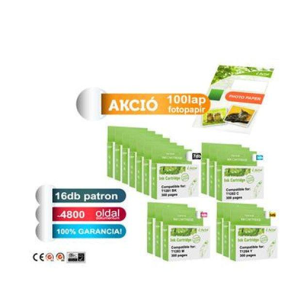 ►16+1db-os PAKK, Epson -hoz 16db T128x utángyártott tintapatron
(≈4800oldal) + 1 csomag 100 lapos FOTÓpapír