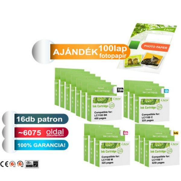►16+1db-os PAKK, Brother -höz 16db LC980/LC1100 utángyártott tintapatron
(fekete: ~7x450, színek: ~9x325 oldal) + 1 csomag 100 lapos FOTÓpapír