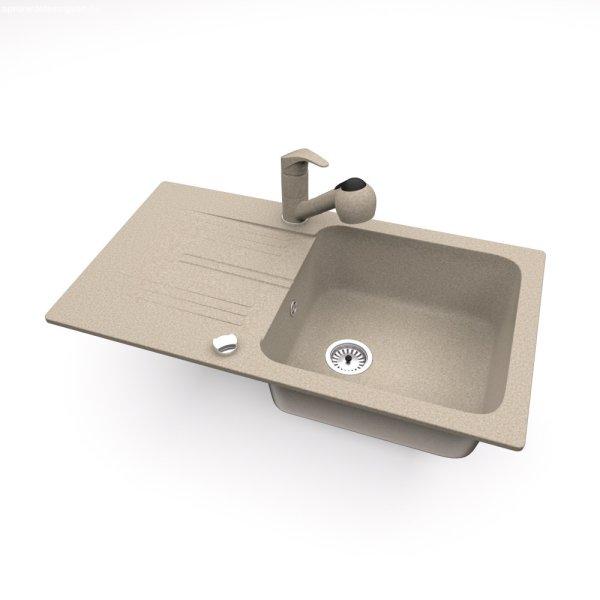 Gránit mosogató NERO Malta + kihúzható zuhanyfejes Shower csaptelep +
dugókiemelő (bézs)