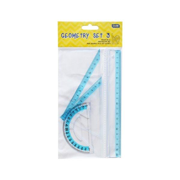 Vonalzókészlet, 20 cm egyenes vonalzó, szögmérő, 45°, 10 cm-es és 60°,
14 cm-es háromszög vonalzó, 4 db/bliszter Educa