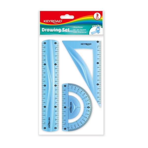 Vonalzókészlet, 20 cm, flexibilis vonalzó, szögmérő, derékszög vonalzó,
3 db/bliszter Keyroad vegyes színek