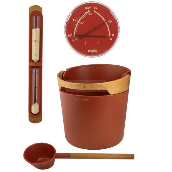 Harvia Helmi műanyag szauna szett dézsa, kanál, hőmérő-páramérő és
homokóra, Terracotta