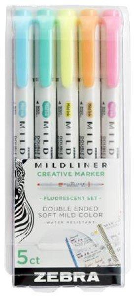 Szövegkiemelő készlet, 1,4/4,0 mm, kétvégű, ZEBRA "Mildliner
Fluorescent", 5 szín