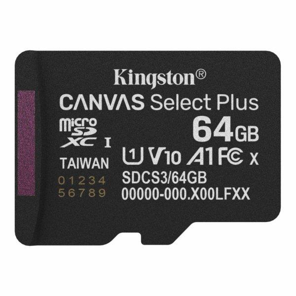 Kingston 64GB microSDXC Canvas Select Plus Gen3 Class 10 UHS-1 A1 V10 adapter
nélkül