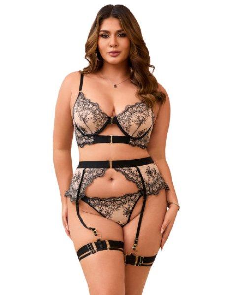 Black Sexy Mesh Embroidery Lace Garter Bra Set S