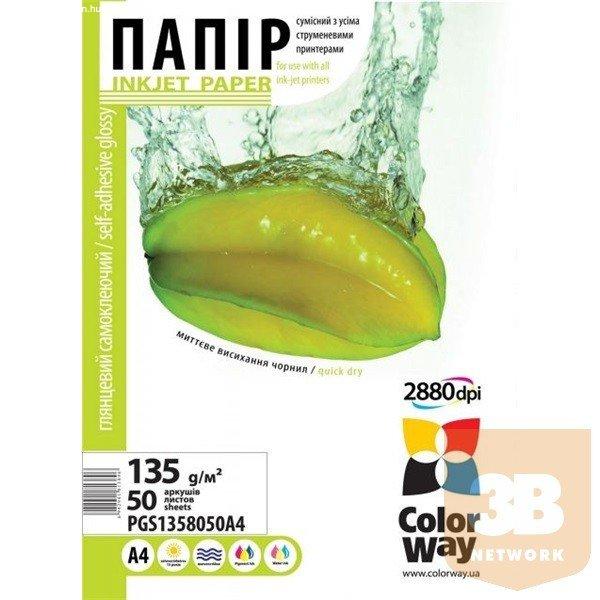 COLORWAY Fotópapír, fényes öntapadó (glossy self-adhesive), 135 - 80g/m2,
A4, 50 lap