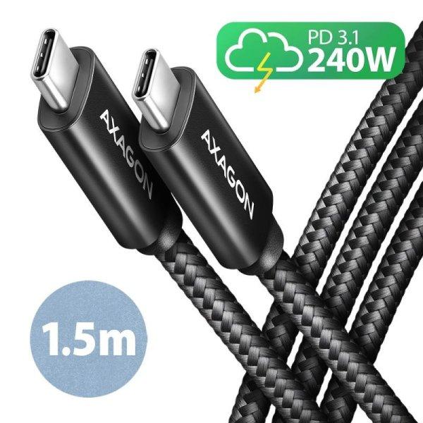 AXAGON BUCM2-CM15AB, CHARGE kábel USB-C  USB-C, 1.5m, Hi-Speed USB, PD 240W 5A,
ALU, fonott, fekete