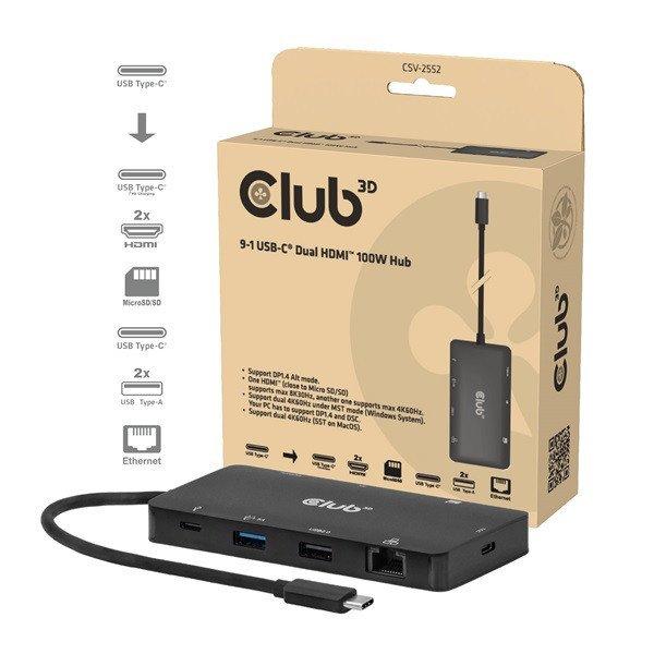 Club 3D USB Hub - CSV-2552 (USB-C to 2xUSB-C, 2xUSB-A, 2xHDMI, RJ45, SD/MicroSD,
100W PD, 4K60hz)