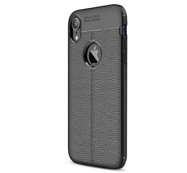 Szilikon telefonvédő (közepesen ütésálló, bőr hatású, varrás minta,
logó kivágás) FEKETE Apple iPhone XR 6.1