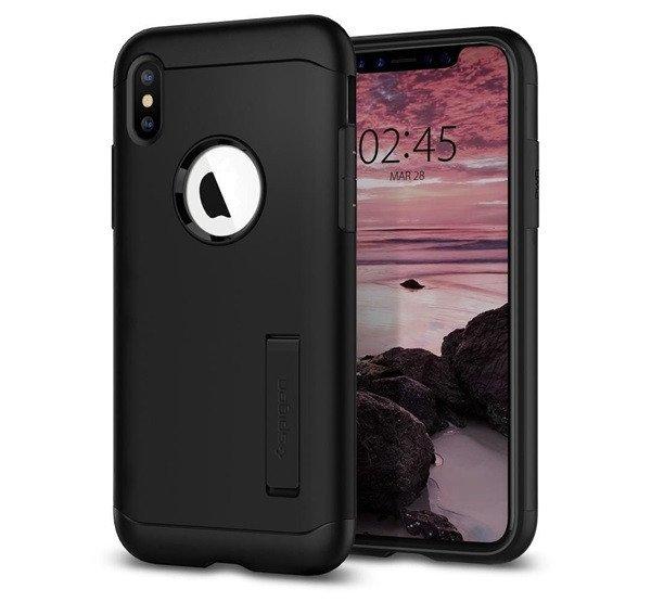 SPIGEN SLIM ARMOR szilikon telefonvédő (közepesen ütésálló, műanyag
hátlap, kitámasztó, logó kivágás) FEKETE Apple iPhone XS Max 6.5