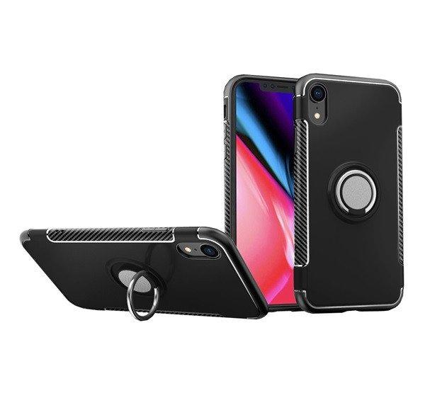 Műanyag telefonvédő (szilikon keret, asztali tartó funkció, telefontartó
gyűrű, beépített fémlemez, karbon minta) FEKETE Apple iPhone XR 6.1